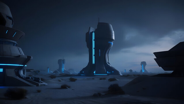 Futuristic alien cityscape with glowing blue lights under a stormy sky