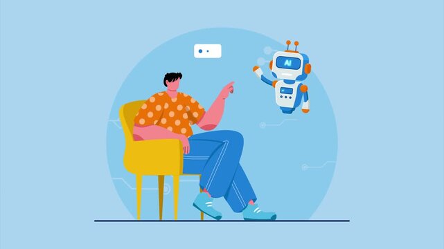 Video animation motion graphic of man discussing ideas with virtual AI assistant 2D flat cartoon stock footage 4K high quality