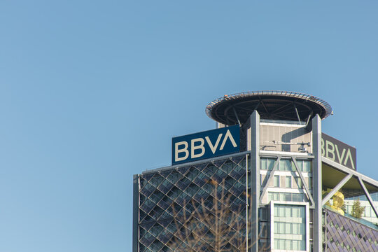 Mexico City, MEXICO - Jan 18 2025 : Torre BBVA Mexico, headquarters of BBVA Mexico bank on Paseo de la Reforma in Mexico City, showing the diagonal grid facade and rooftop helipad.