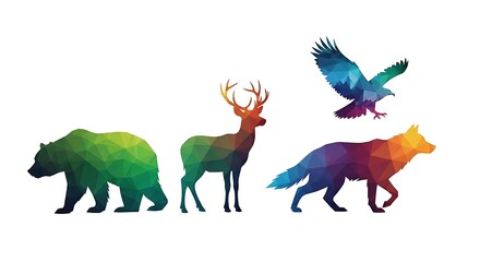 Fototapeta premium Watercolor silhouette wildlife animals bear deer bird fox on white