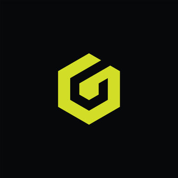 This is an abstract geometric logo design of an initial letter G in hexagonal shape. The logo looks bold in yellow neon color on a black background.