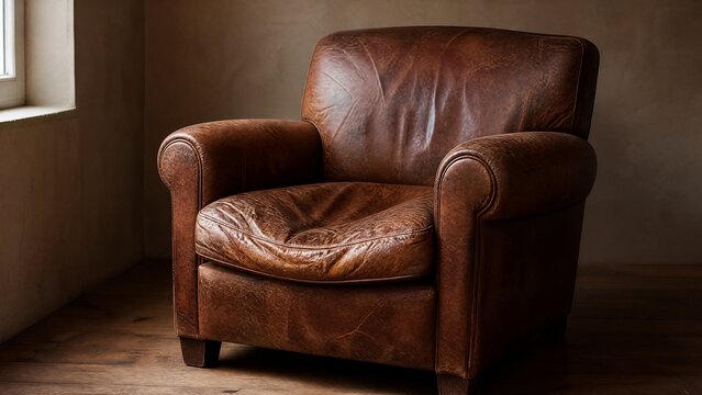 indented. Aged brown leather armchair with a deep seat indentation, soft window light. lifestyle magazines, social media lookbooks, designed for influencer and brand collaborations.