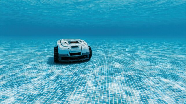 Robotic pool cleaner underwater on tiled swimming pool floor during automatic maintenance service