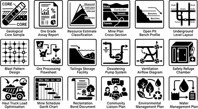 Mining industry icons set showing geological surveying, ore processing, safety procedures and environmental management processes