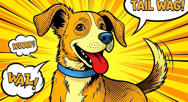 Happy dog with comic book sound effects and speech bubbles in pop art style