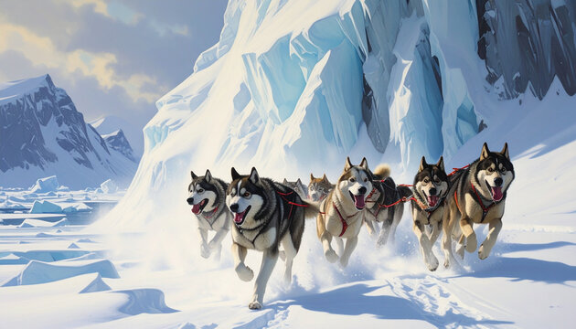Husky dogs pulling sled on snowy mountain landscape with ice glacier