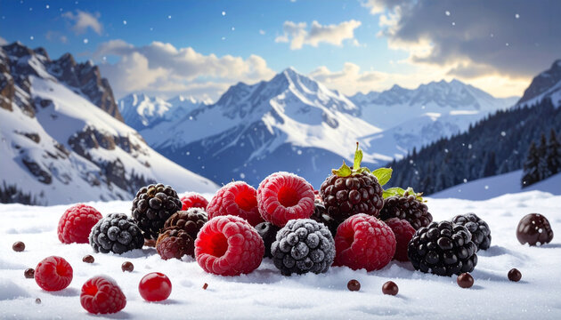 Frozen berries on snowy mountain landscape