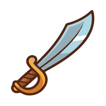 Cartoon pirate sword cutlass weapon illustration, antique curved blade with gold handle, vintage buccaneer dagger concept isolated on white