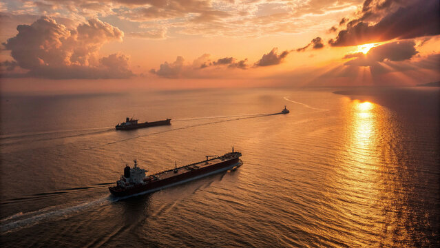 Aerial cinematic view of the strait of hormuz at sunset with oil tankers