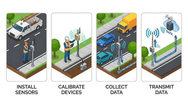 Workers installing sensors on road for data collection and transmission