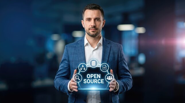 Businessman in Blue Suit Holding Open Source Concept in Modern Office with Glowing Blue Background