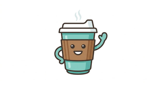 Cute cartoon coffee cup waving hello with a smile.