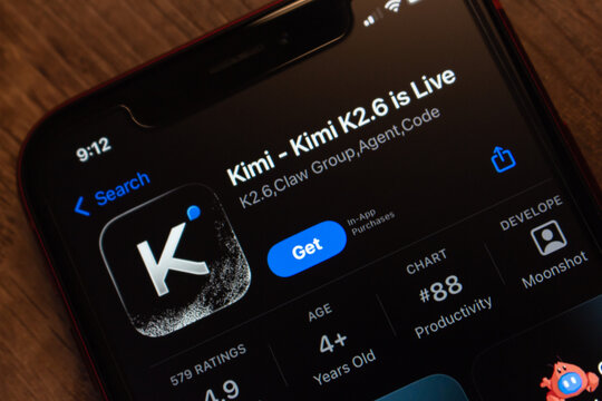 Mexico City, MEXICO - May 5 2026 : iPhone displays the App Store listing for Kimi, the AI assistant app by Moonshot AI, announcing the K2.6 release with agent and coding features.