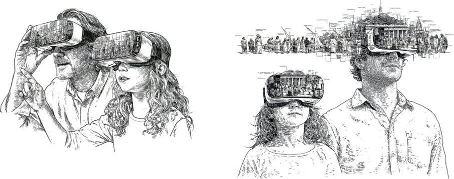 In this intricate black and white vector illustration, a father and daughter explore an immersive interactive historical timeline using virtual reality headsets against a pure white background