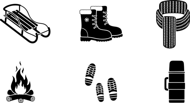 Set of winter season icons featuring sled, boots, scarf, campfire, footprints and thermos bottle for outdoor recreation and holiday activities