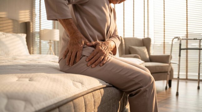 Elderly woman sitting on bed feeling chronic hip pain at home in bedroom