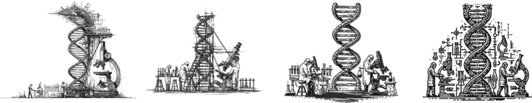 In an intricate black-and-white illustration of a gene-editing lab, scientists in protective gear meticulously work with a large-scale DNA double helix model and microscopic samples against a pure