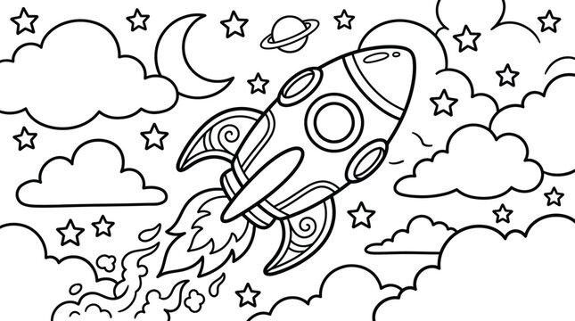 Children Coloring Page of Cute Rocket Ship Flying Through Space and Clouds