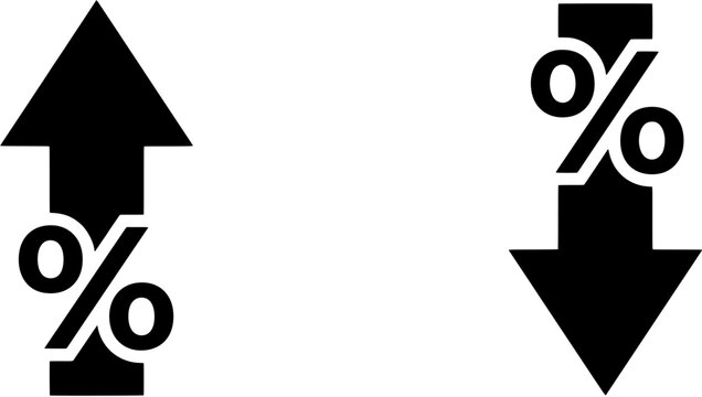 black up arrow with increasing percentage and black down arrow with decreasing percentage symbols for finance and inflation concept