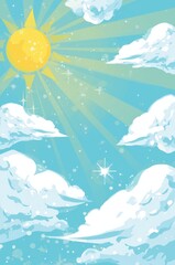Fototapeta premium Bright yellow sun with white fluffy clouds in a light blue summer sky pixel art style illustration for digital design
