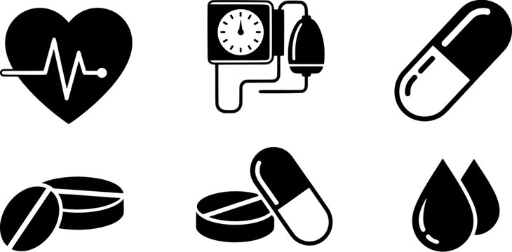 Set of medical and healthcare icons featuring heart rhythm, blood pressure monitor, pills and liquid drops in flat black style