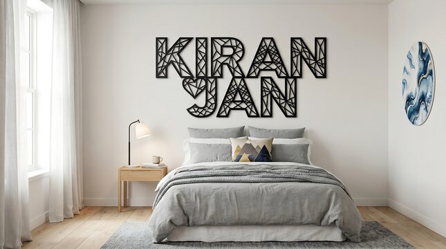 Black geometric wire metal name sign hanging above a modern minimalist bed in white bedroom