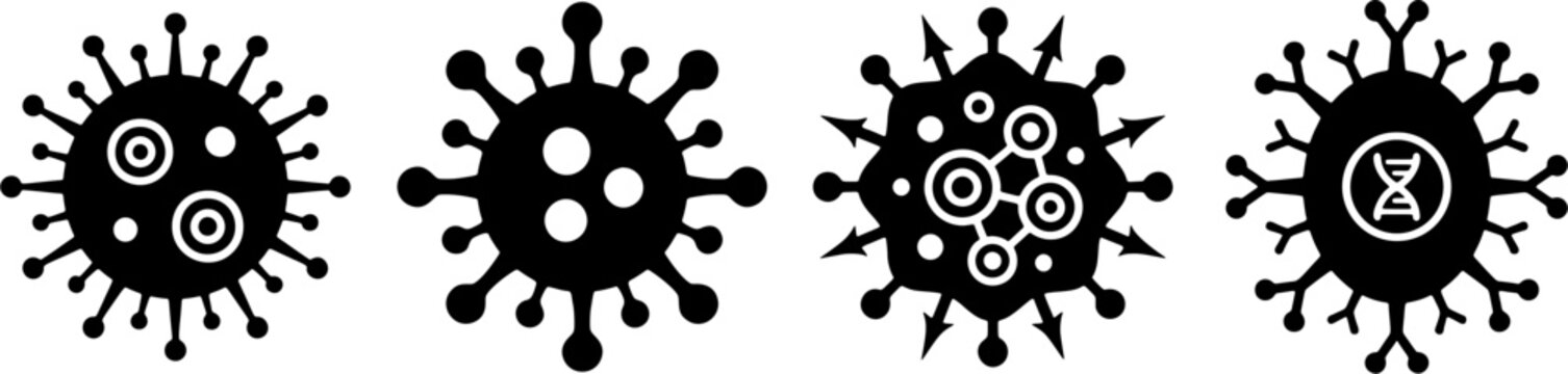 Set of four virus and bacteria icons in flat black silhouette style for medical research and microbiology