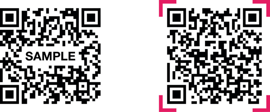 Two square qr codes, one with sample text and one with pink corner markers
