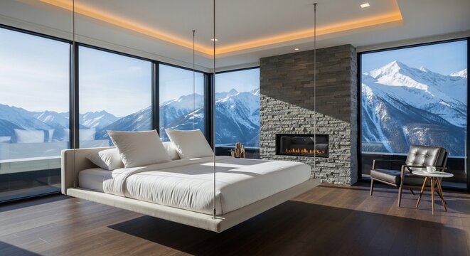 Modern bedroom with floating bed and fireplace with mountain view