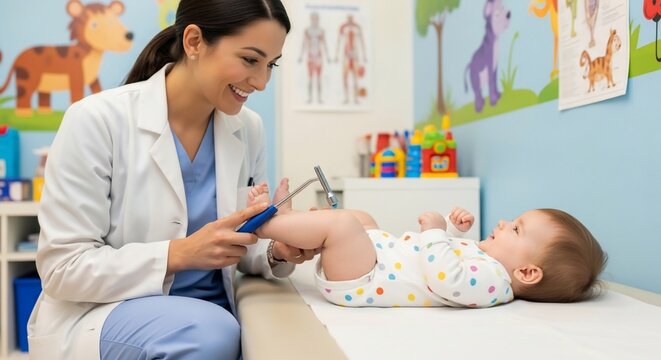 Doctor examines baby on examination table in pediatric clinic