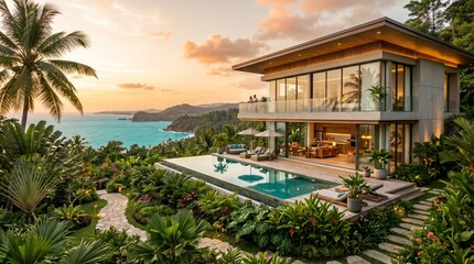 Fototapeta premium Luxury tropical villa with infinity pool overlooking ocean at sunset