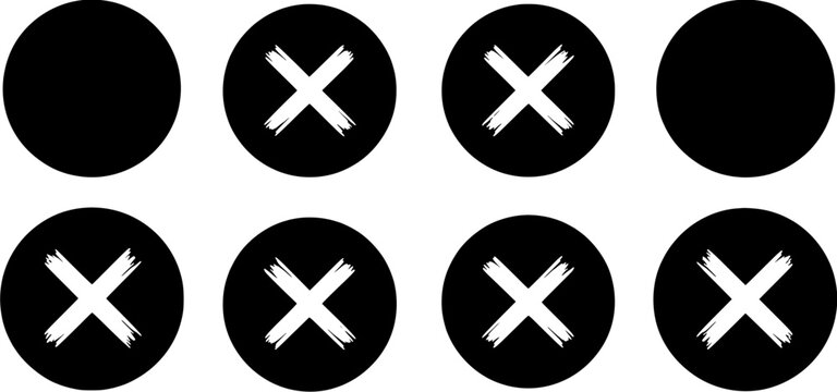 Set of black circles with white brush stroke cross symbols for choice and verification icons