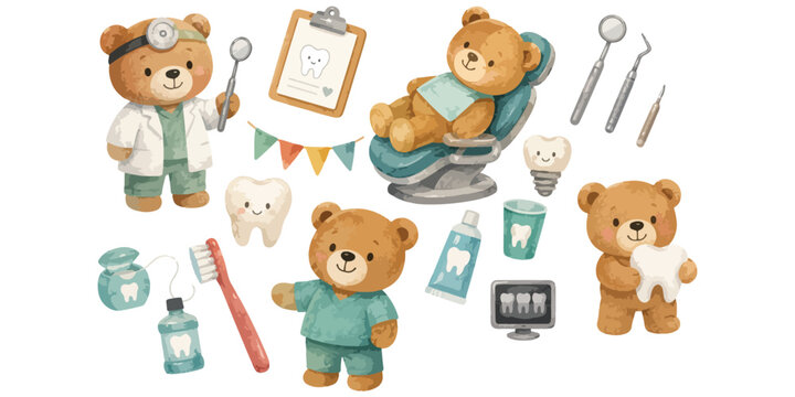  Watercolor cute teddy bear dentist and dental care set