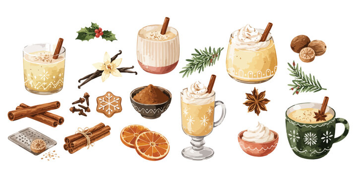Watercolor eggnog cocktails and winter spices elements set