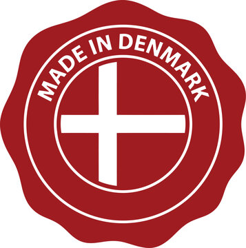 Red Danish flag seal label Made in Denmark for product certification and branding