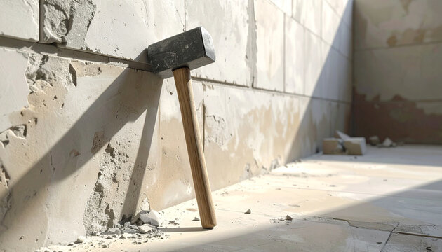 Hammer on construction site with concrete wall and floor