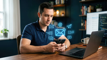 Obraz premium Man Using Smartphone and Laptop Computer in Modern Home Office with Email Icons Floating Around