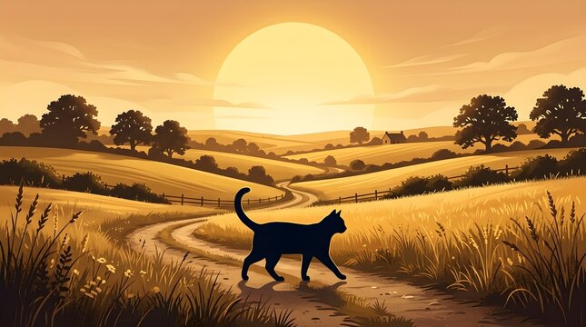 A graceful black cat strolls along a winding country road through a serene golden wheat field during a peaceful sunset in the countryside