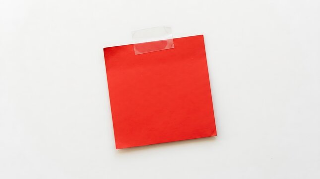 A vivid red square sticky note secured with clear adhesive tape against a neutral background.