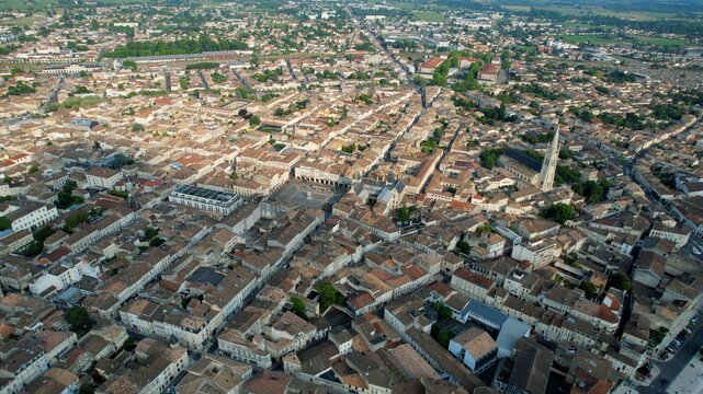 Aerial view beside the old town of the city Libourne, France on a sunny summer morning