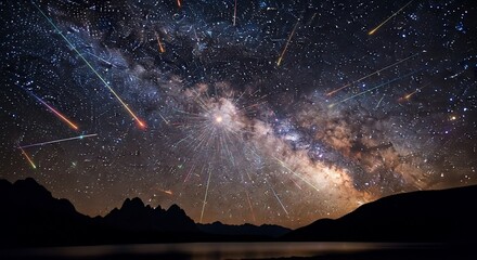Night sky with shooting stars and Milky Way galaxy over mountains