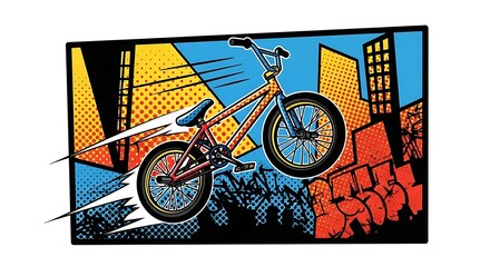 Fototapeta premium Dynamic bmx rider performing stunt in urban setting pop art style