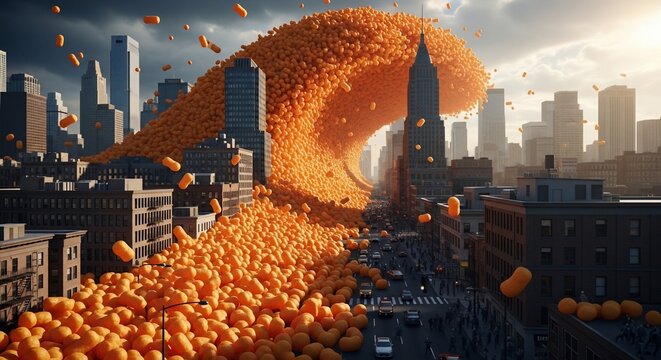 Orange pumpkins flooding city street with skyscrapers