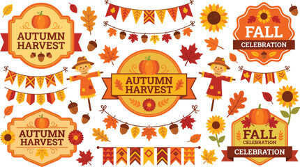 Naklejka premium Autumn harvest labels badges and banners with fall leaves and pumpkins