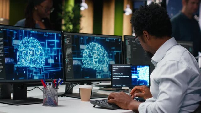 Tech startup IT professional developing AI algorithms in high rise office during late night shift. man debugging neural network brain models on screens.