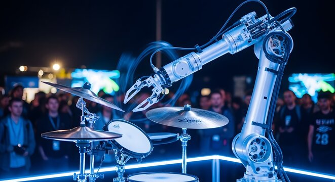 Futuristic Robotic Arm Playing Drums on a Stage with Neon Lights and Blurred Audience, an Ideal Technology Event Poster Background Design