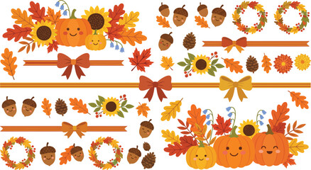 Fototapeta premium Autumn harvest clipart set with pumpkins leaves acorns and decorative borders