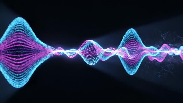 Abstract particle wave with blue and pink glowing lights on a black background.
