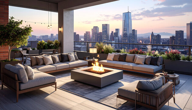 Rooftop lounge with fire pit and city skyline view at sunset