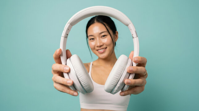 Headphone woman Asian smile white music audio portrait studio teal young adult holding padded headset toward camera on clean background for sound lifestyle concept